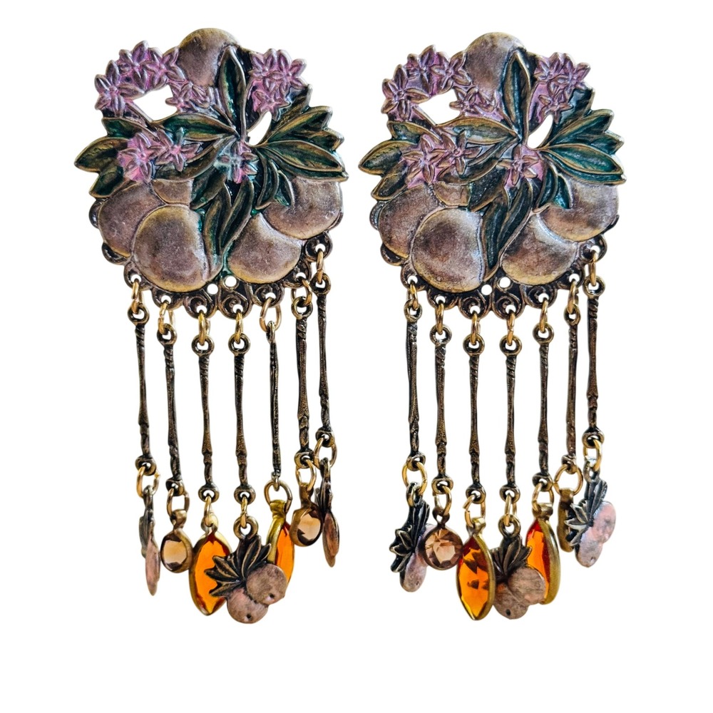 Banana Bob Tutti Fruitti Earrings Peach Crystal Bezel Statement Victorian‎ Style